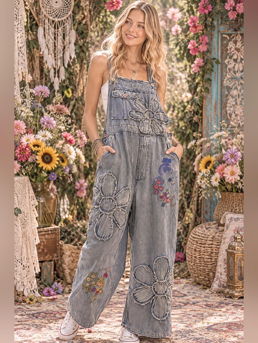 Blue Velvet jumpsuit Washed blue Embroidered Wide-Leg Women Jeans crop overall